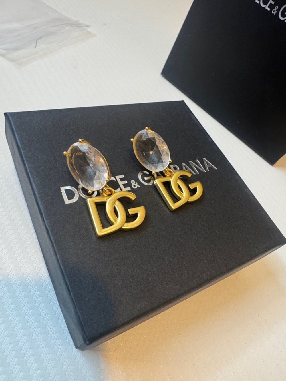Gold-Tone Drop Earrings with Champagne Crystal and -Inspired Logo
